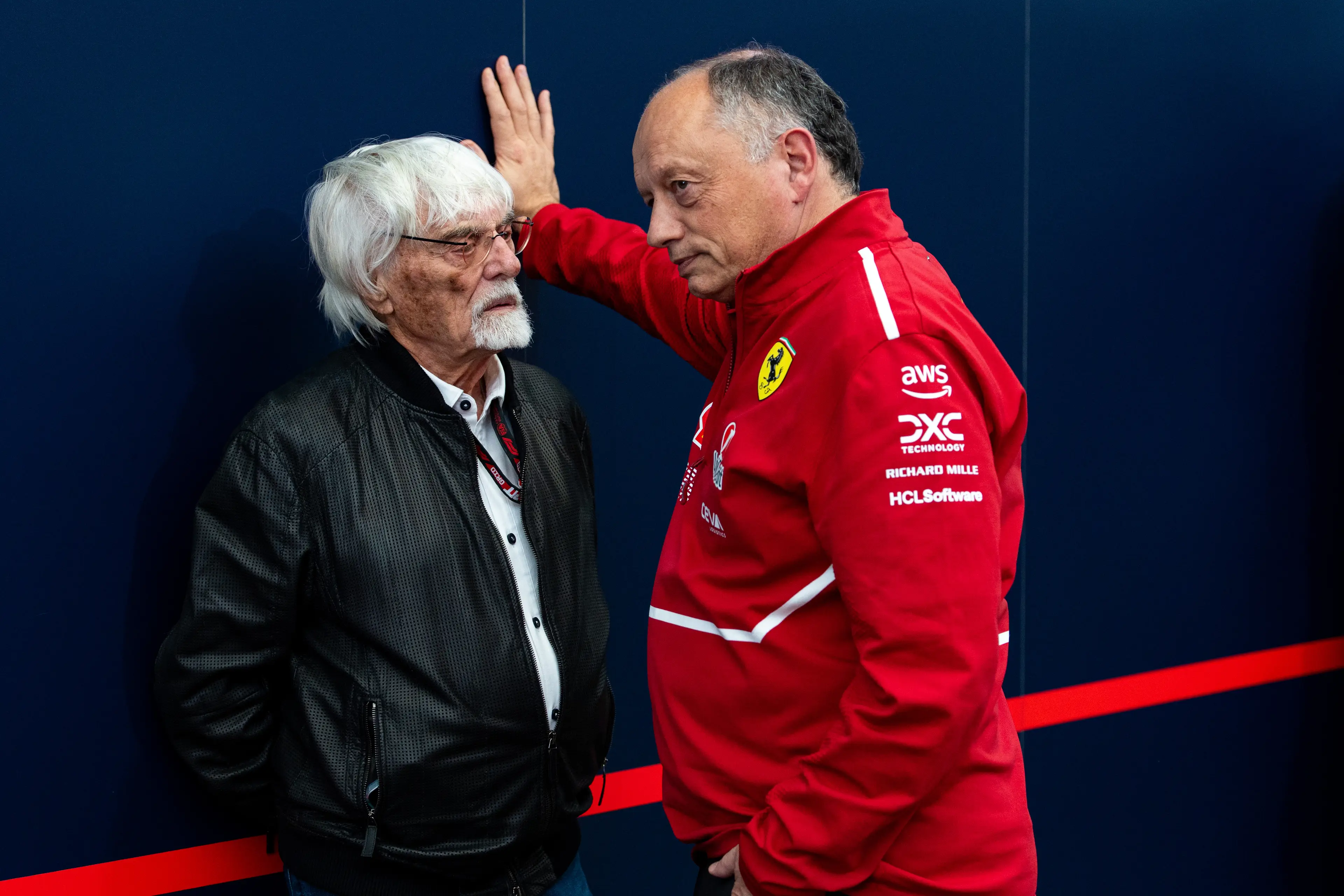 The 95-year-old pictured with Ferrari team principal Frédéric Vasseur at the Brazilian Grand Prix (Kym Illman/Getty Images)