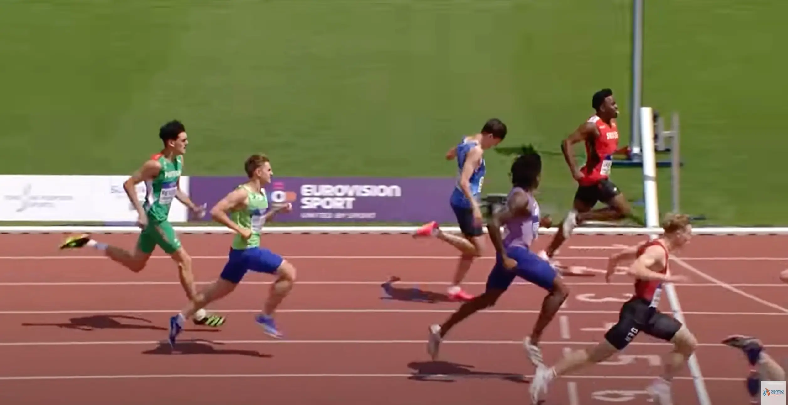 But his opponents caught up with him after he took his foot off of the gas (YouTube/European Athletics)