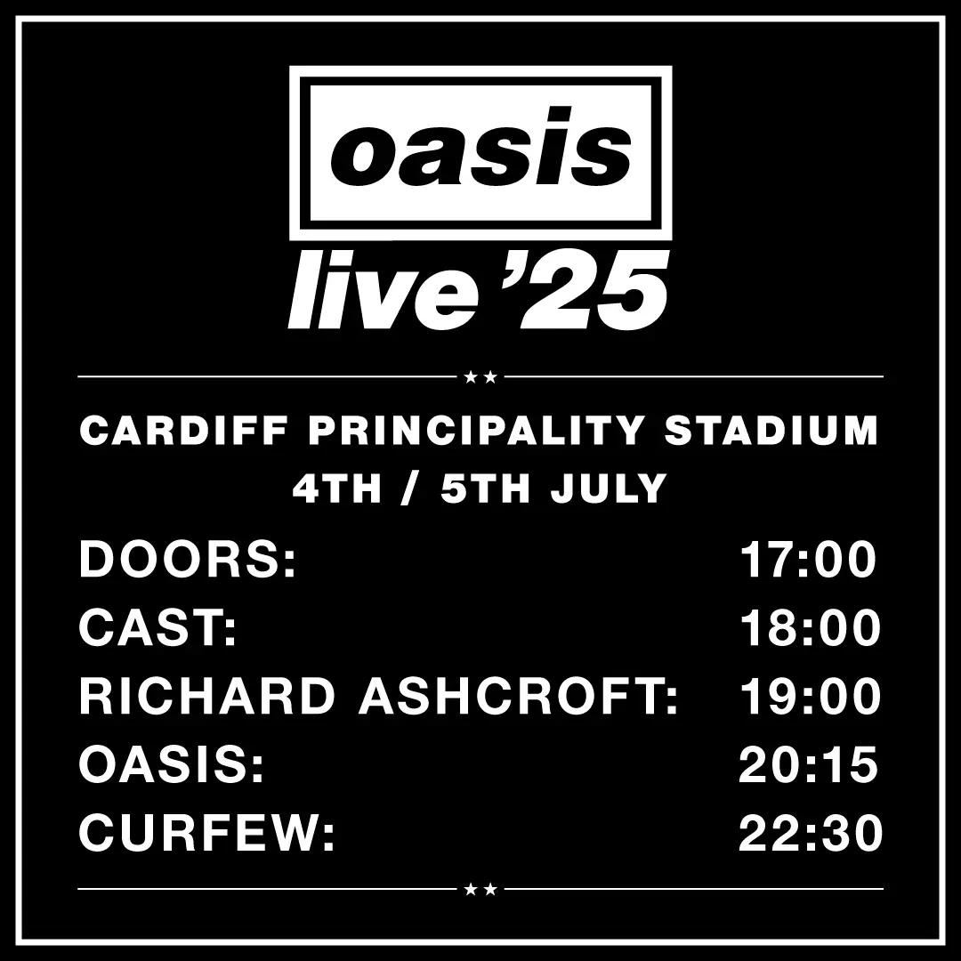 The set times for Oasis' opening gigs in Cardiff have now been revealed (X/@Oasis)
