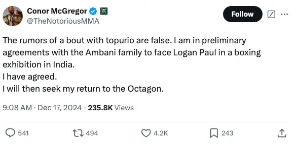 McGregor announced his plans on X (X/@TheNotoriousMMA)