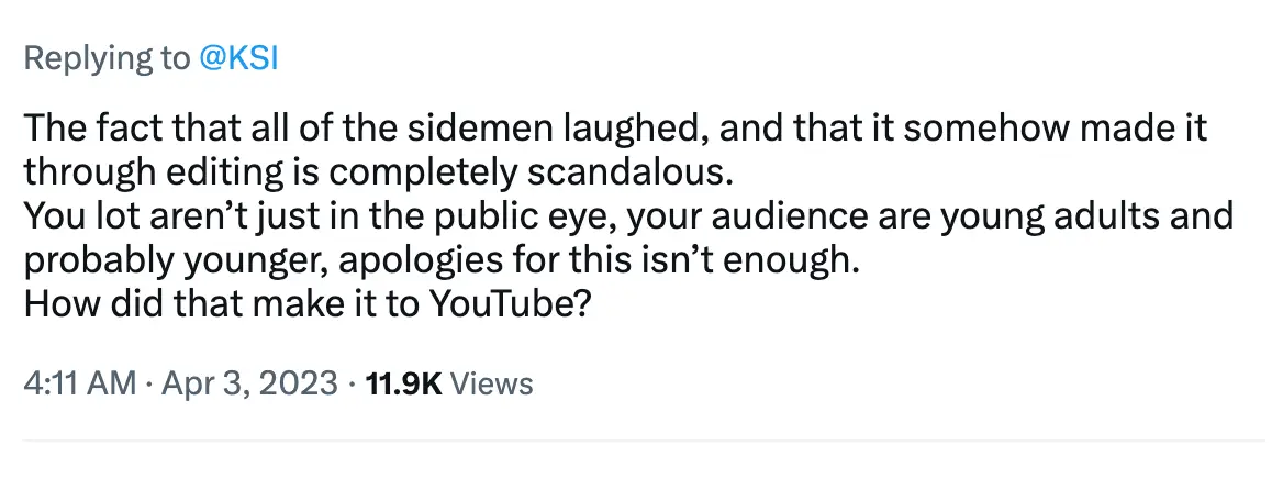 KSI has been hit with backlash over the comment.