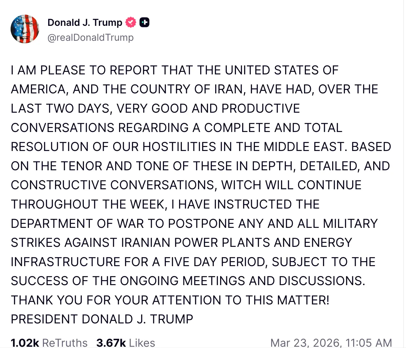 Donald Trump's latest comments on the war (Truth Social)
