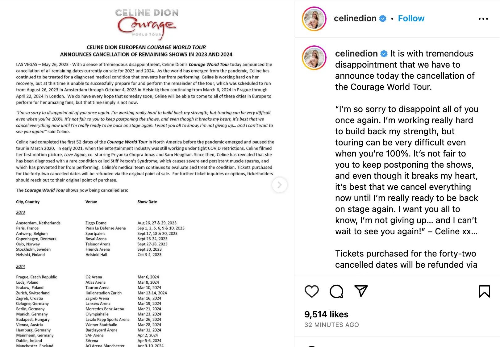 Celine Dion has cancelled her world tour.