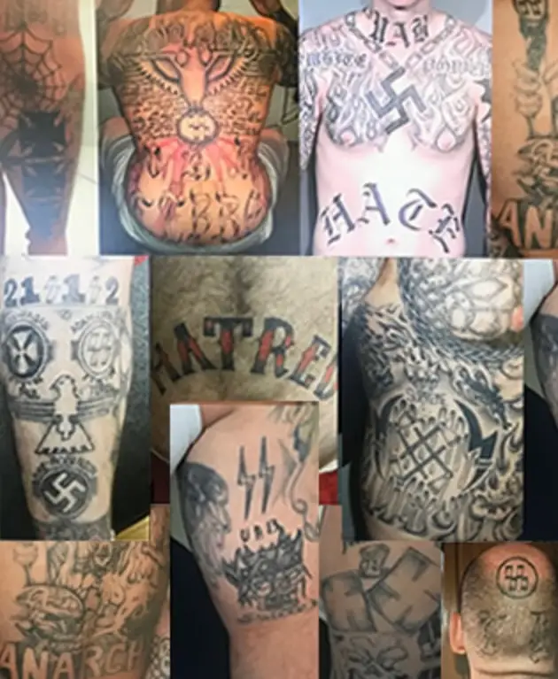 Tattoos sported by members of the Universal Aryan Brotherhood, which is an offshoot of the original white supremacist gang (US Immigration and Customs Enforcement)