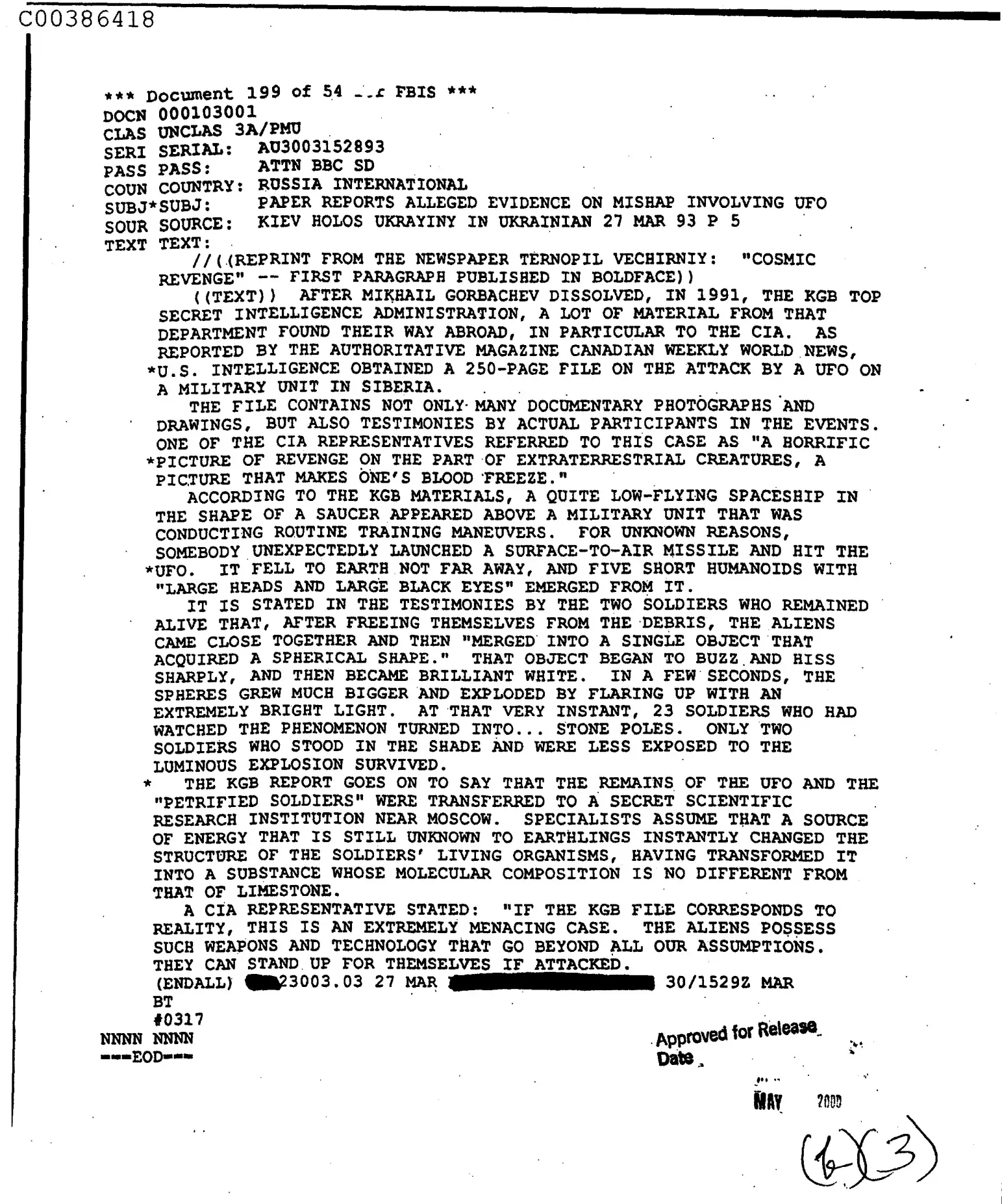 The document claims that 23 Soviet soldiers were turned to stone during the alien attack (CIA)