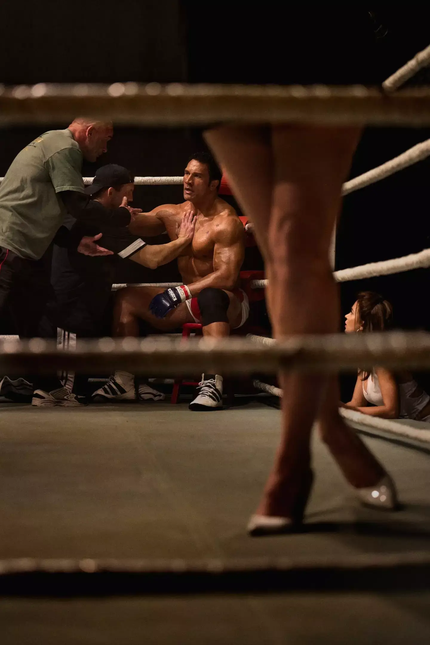 The Rock looks the spitting image of wrestling icon Mark Kerr in the flick. (A24)