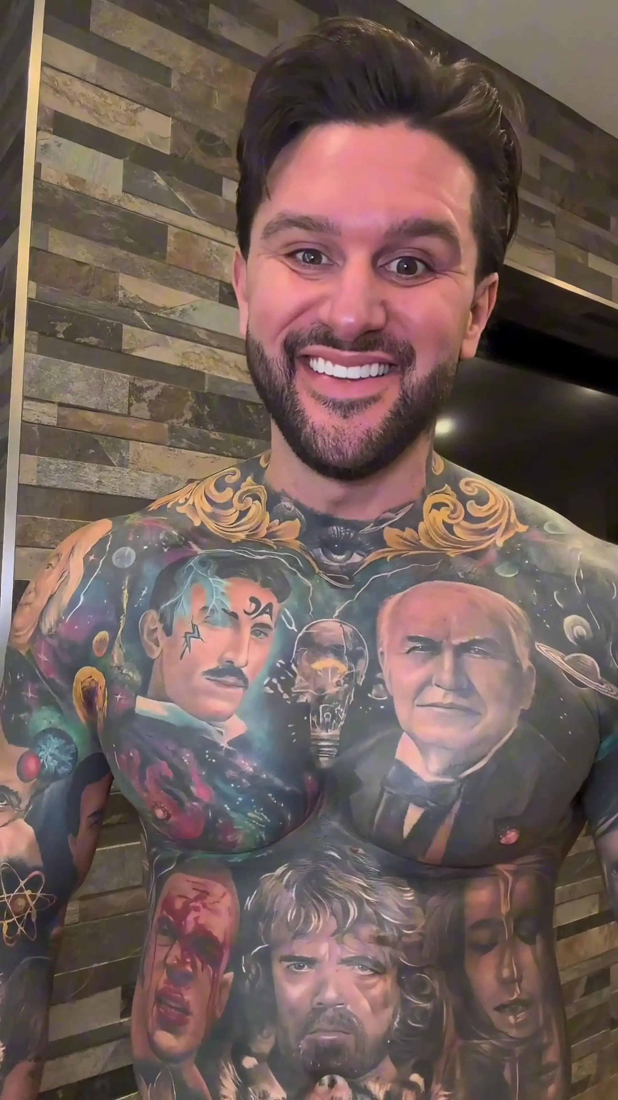 Danny Andrews, 35, said the celebrity portraits on his skin are routinely mistaken for the wrong people (Kennedy News and Media)