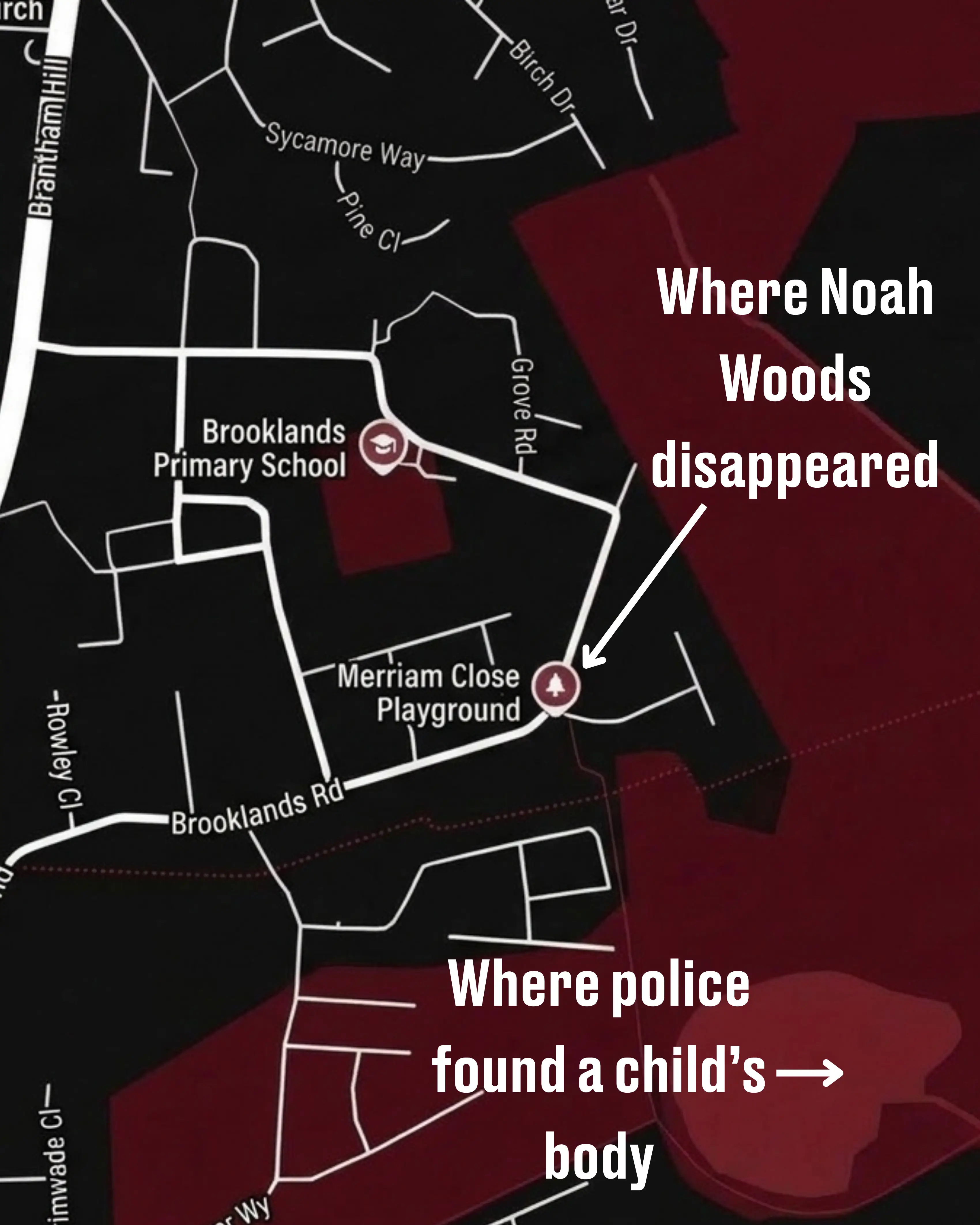 A map of where Noah was last seen and where police found a body (LADbible/Google Maps)