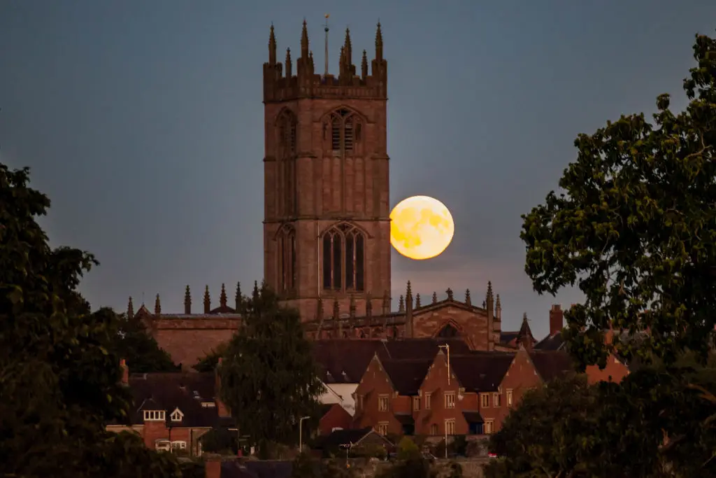 The supermoon spotted over St Lawrence's church in Shropshire (Jim Wood/SOPA Images/LightRocket via Getty Images)