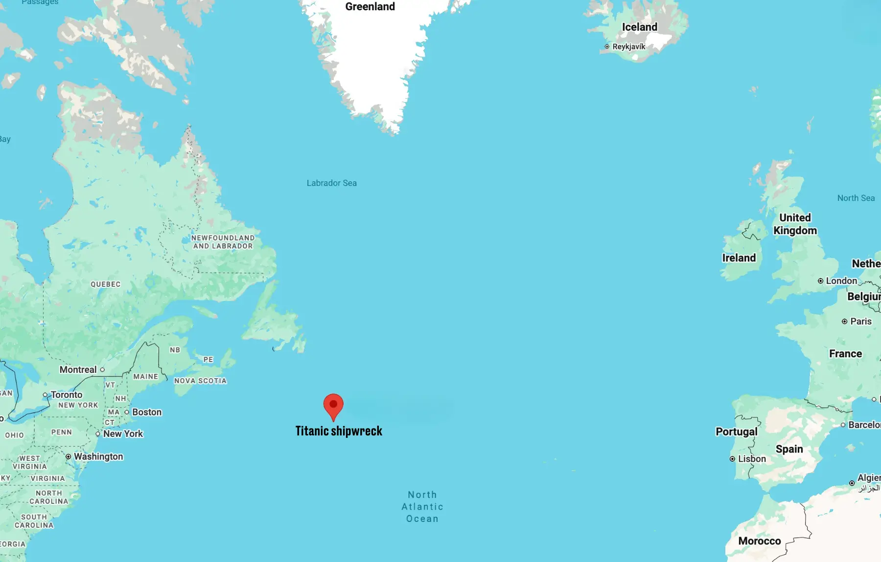 The Titanic sank in the North Atlantic Ocean (Google Maps/LADbible)