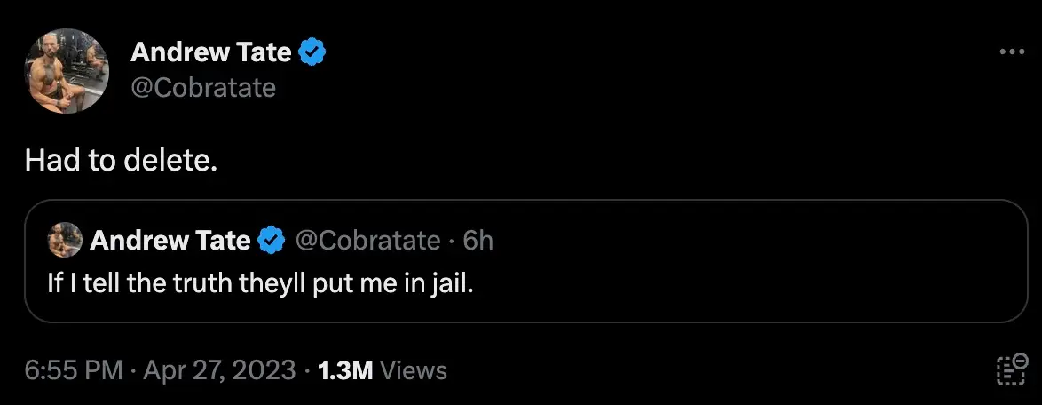 He says he's 'had to delete' his previous tweet.