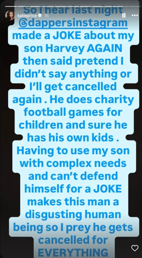 She called out the comedian over a joke she'd heard he told about her son Harvey (Instagram/@katieprice)