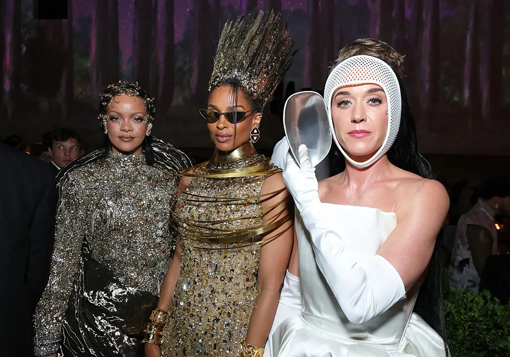 Perry alongside Ciara and Rihanna last night (Kevin Mazur/MG26/Getty Images for The Met Museum/Vogue)