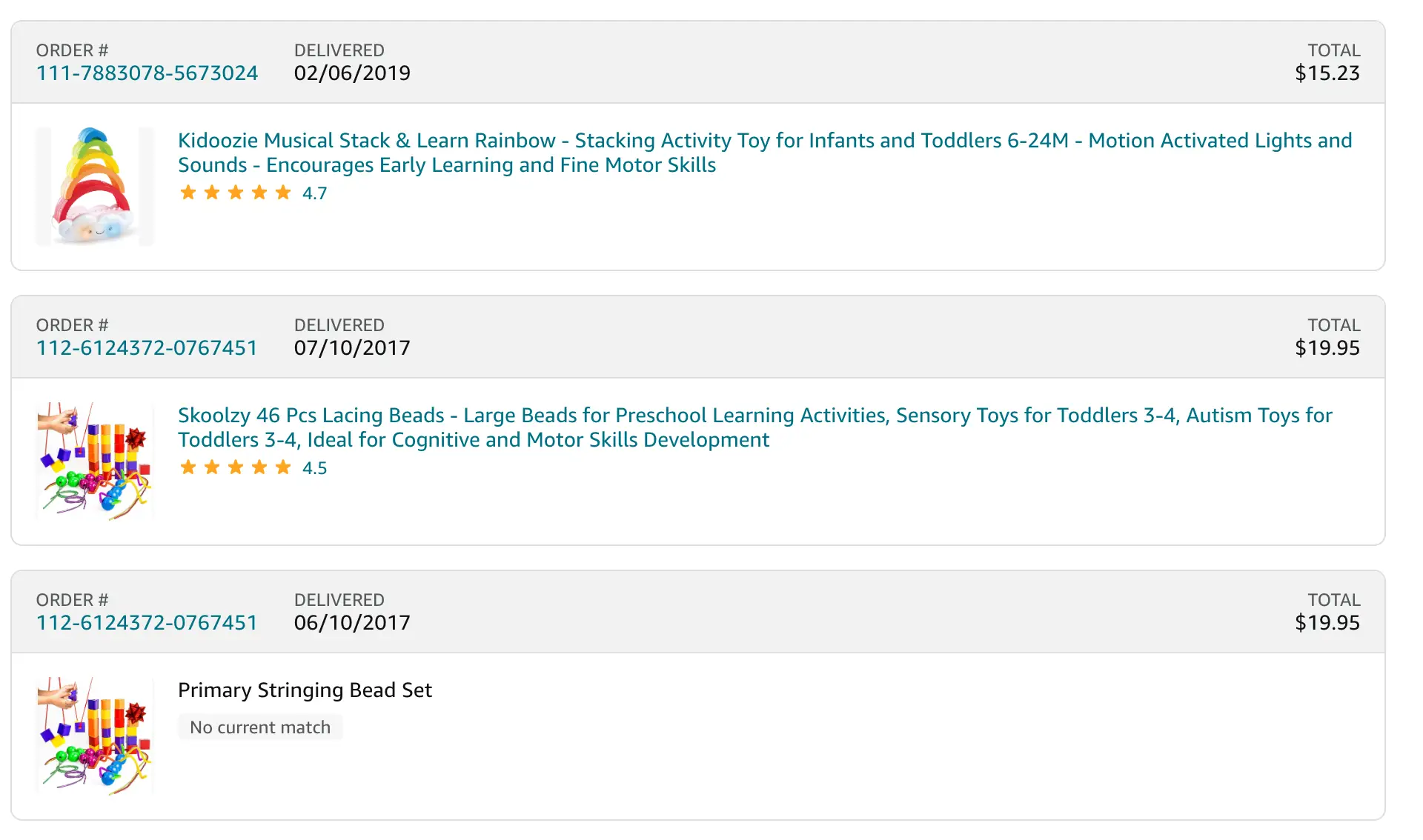 Jeffrey Epstein, a childless man, ordered multiple children's toys (Jmail)