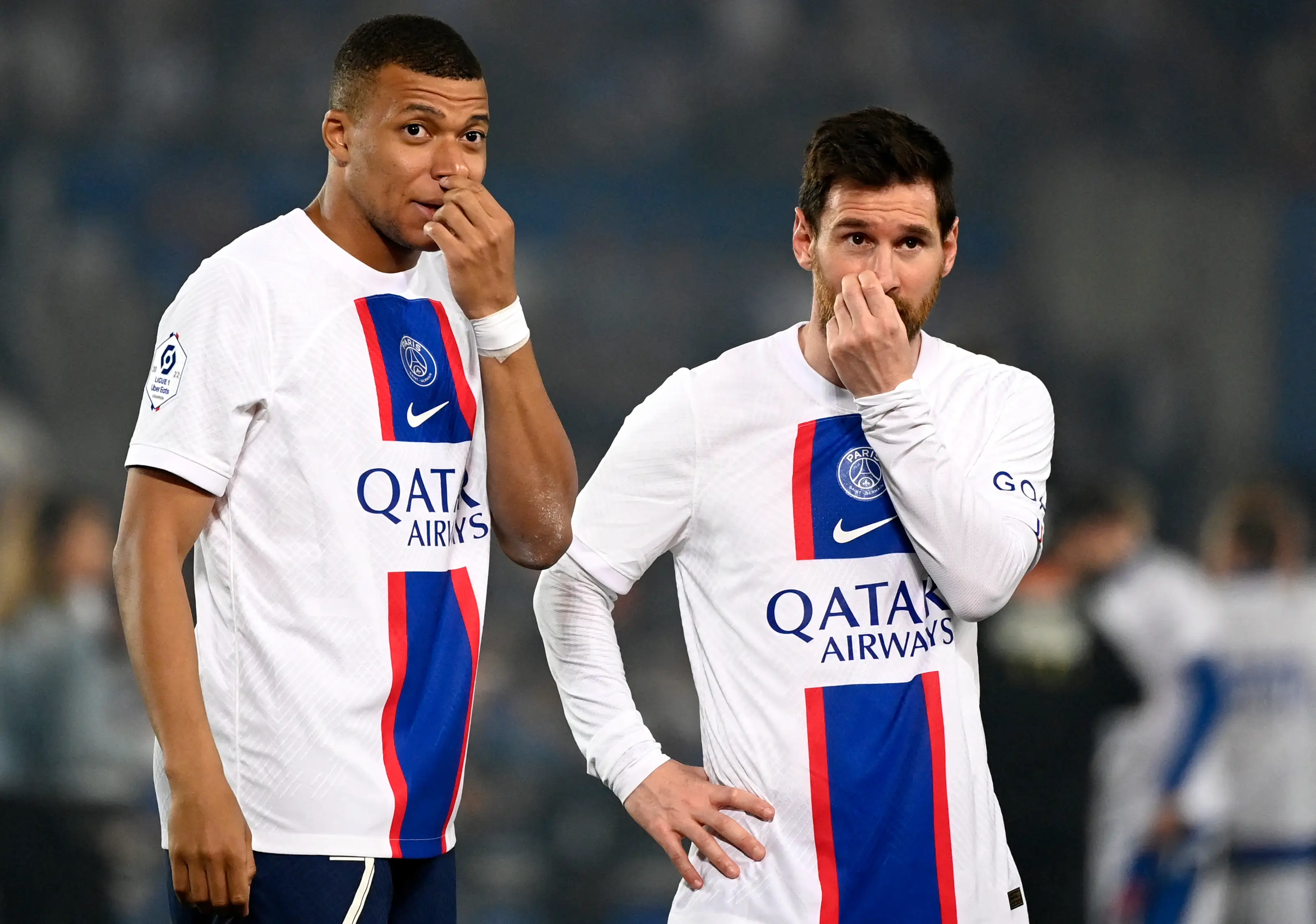 Lionel Messi and Kylian Mbappe during their time at PSG. (Jean-Christophe Verhaegen / AFP via Getty Images)