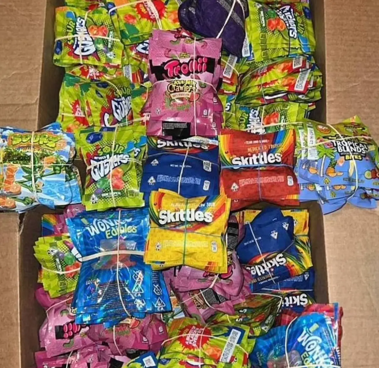 The drugs have been put in packets designed to look like Skittles and crisps like Cheetos.