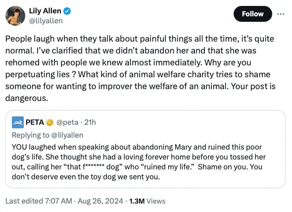 Allen has slammed PETA. (X/@lilyallen)