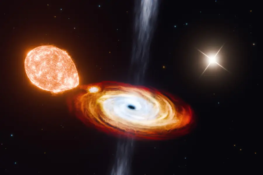 An illustration of the 'black hole triple' with two stars orbiting it (Jorge Lugo / MIT)