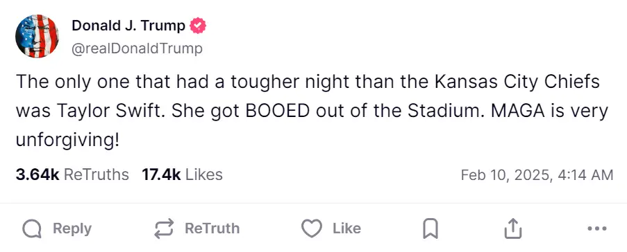 He went back in for another dig at Swift. (TruthSocial/@realDonaldTrump)