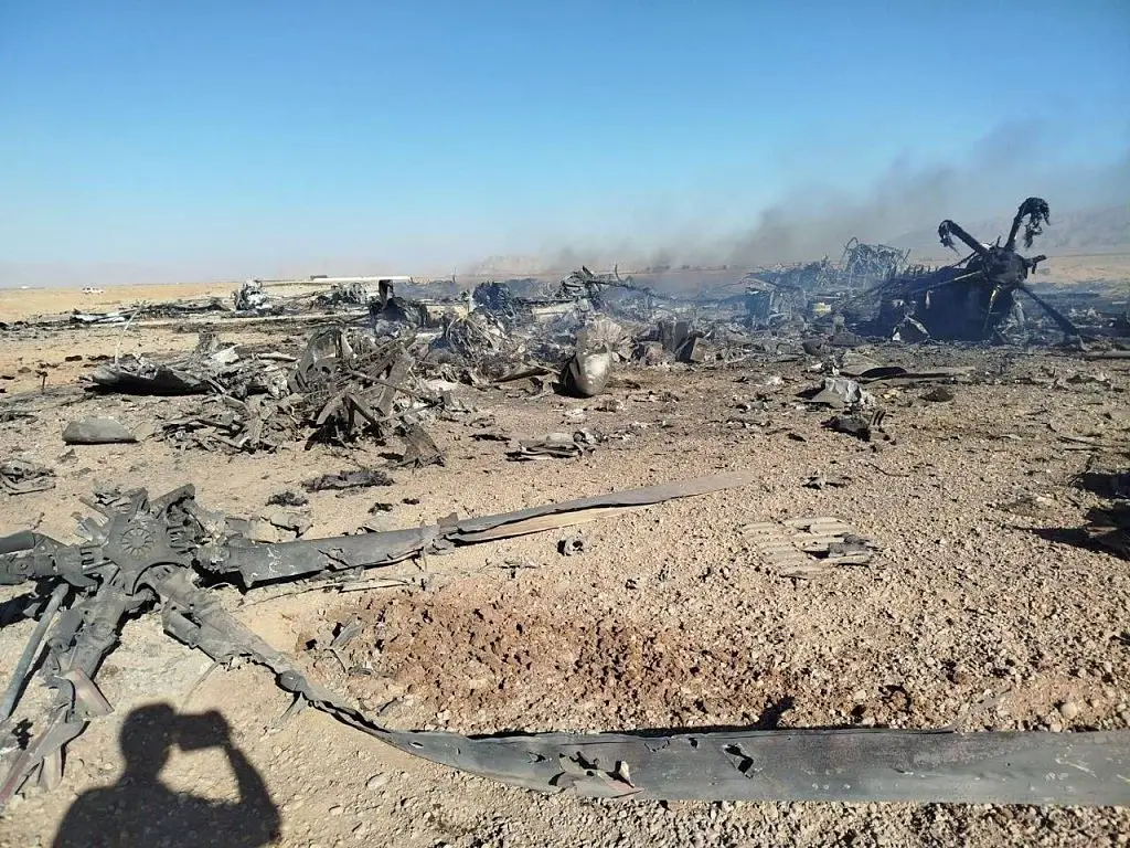 Wreckage of a US helicopter Iran said was downed during the rescue mission ( Iran's Ministry of Culture and Islamic Guidance/Handout via Getty Images)