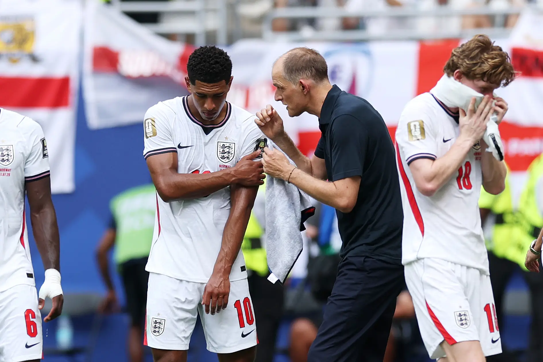 Jude Bellingham, 23, was seen clutching his arm during and after England's quarter-final clash against Norway (Eddie Keogh - The FA/The FA via Getty Images)