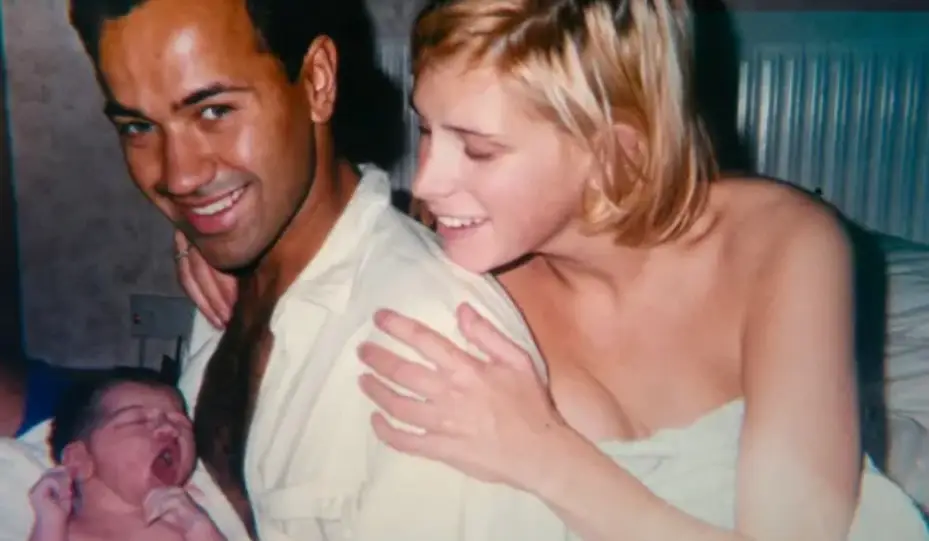 The late mum seen with her boyfriend, André Hanscombe, following the birth of their little boy (Netflix)