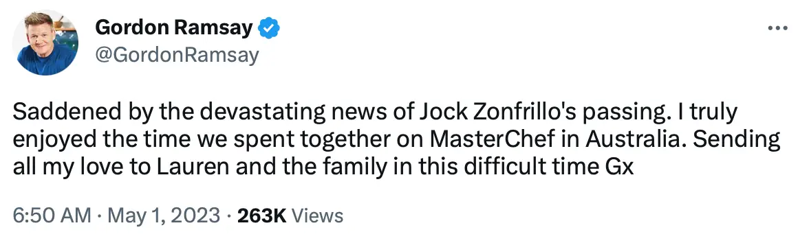 Gordon Ramsay paid tribute to the MasterChef judge who died at the age of 46.