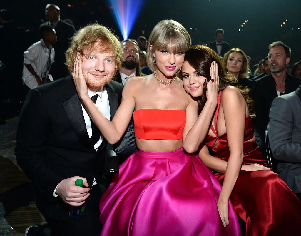 Taylor Swift with Ed Sheeran and Selena Gomez (Kevin Mazur/WireImage)