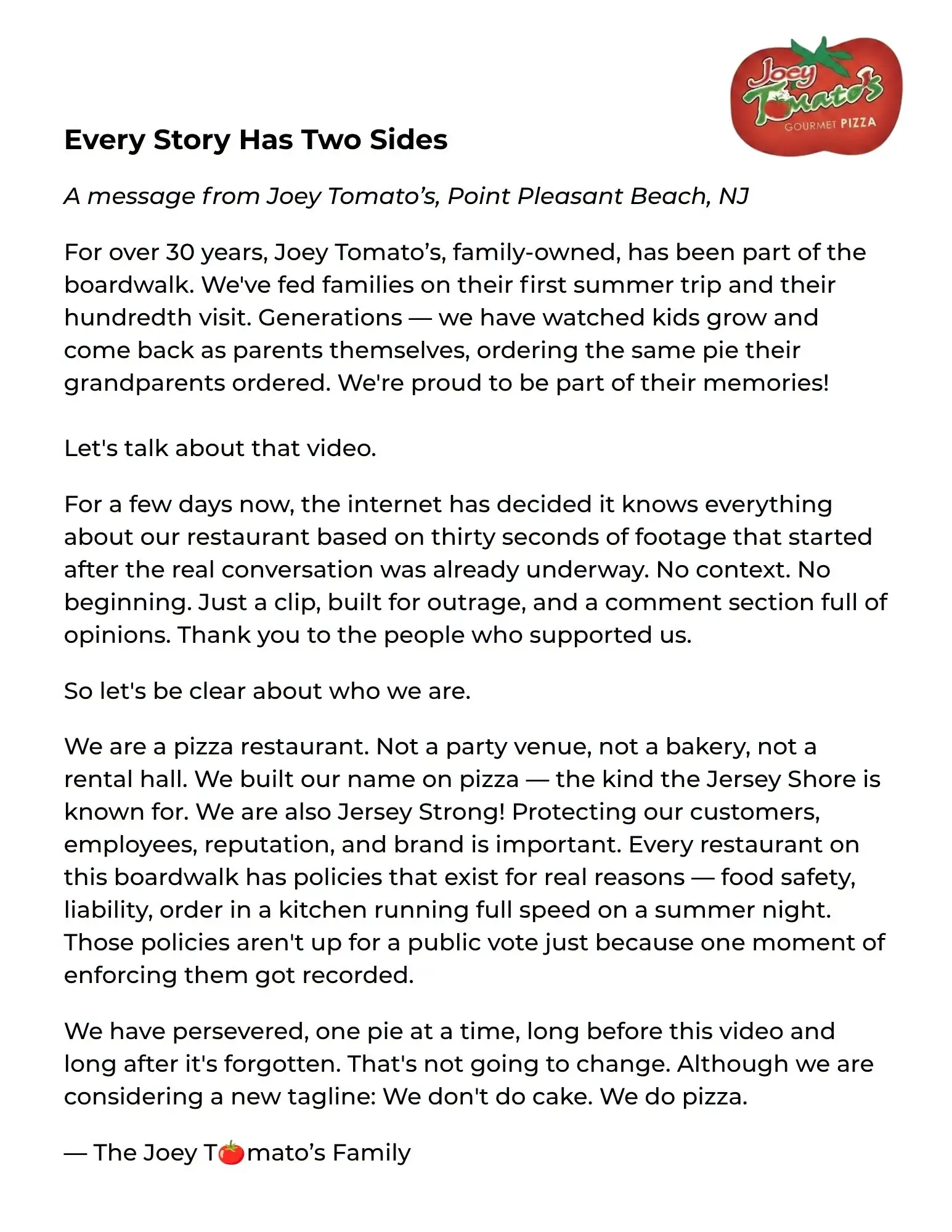 The letter was shared online (Facebook / Joey Tomato's)