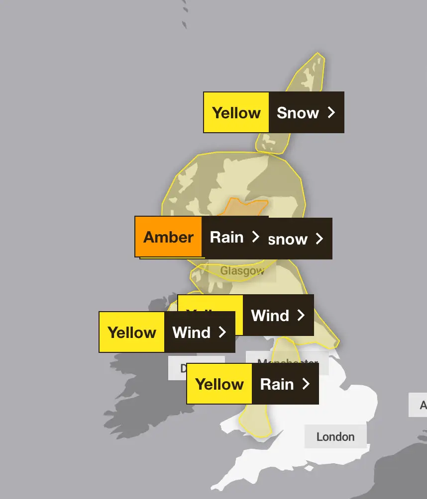 The weather warnings in place on New Year's Eve across Britain and Northern Ireland (Met Office)