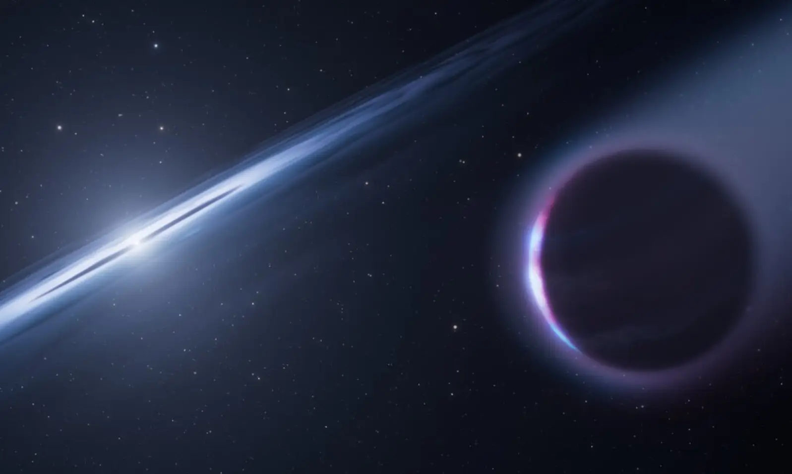 Artist's impression of a gas giant planet orbiting a white dwarf star, which is leeching material back off it (NASA, ESA, L. Hustak (STScI))