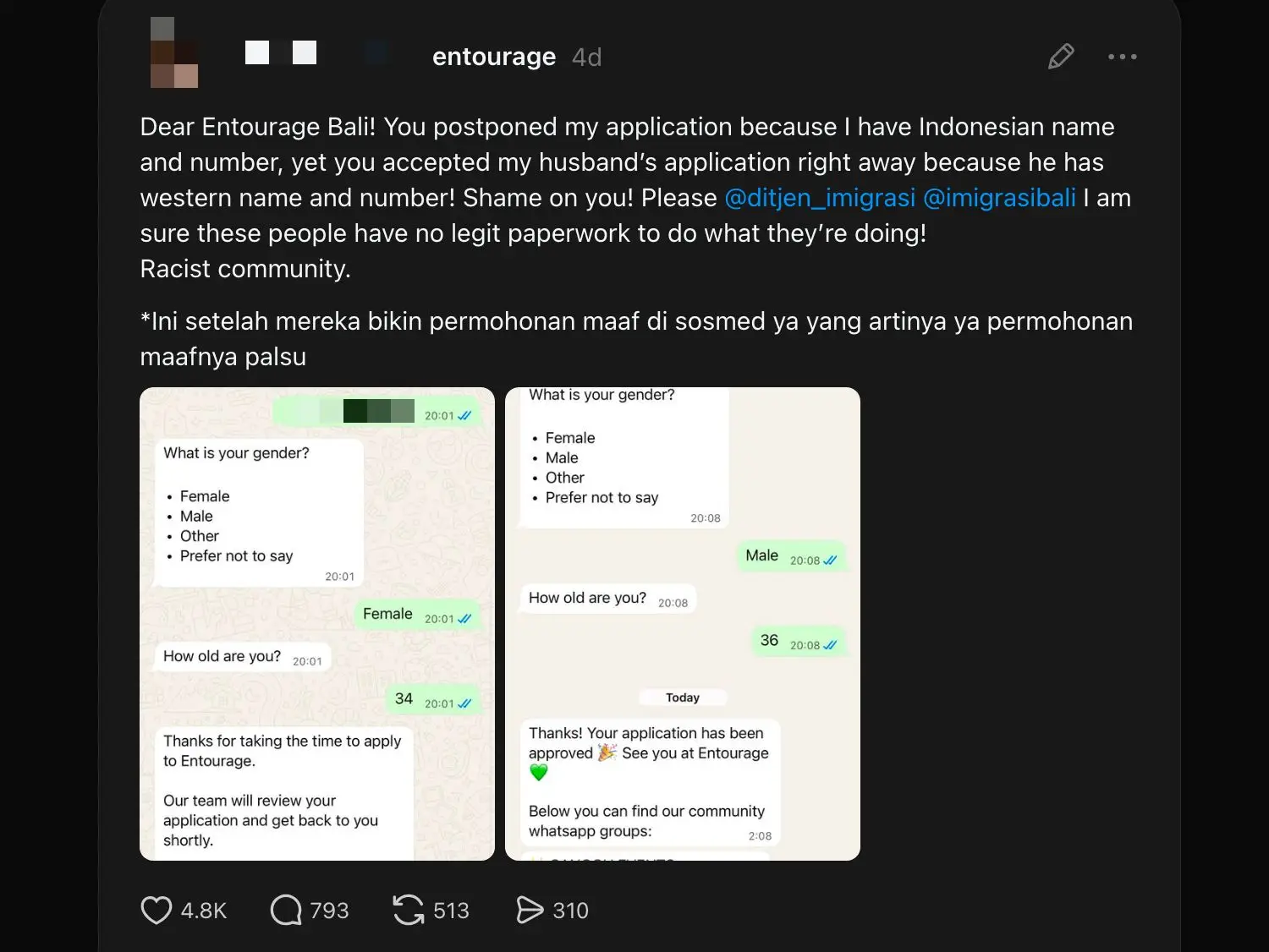 One woman alleged that her application had been rejected while her Western husband's was not (Threads)