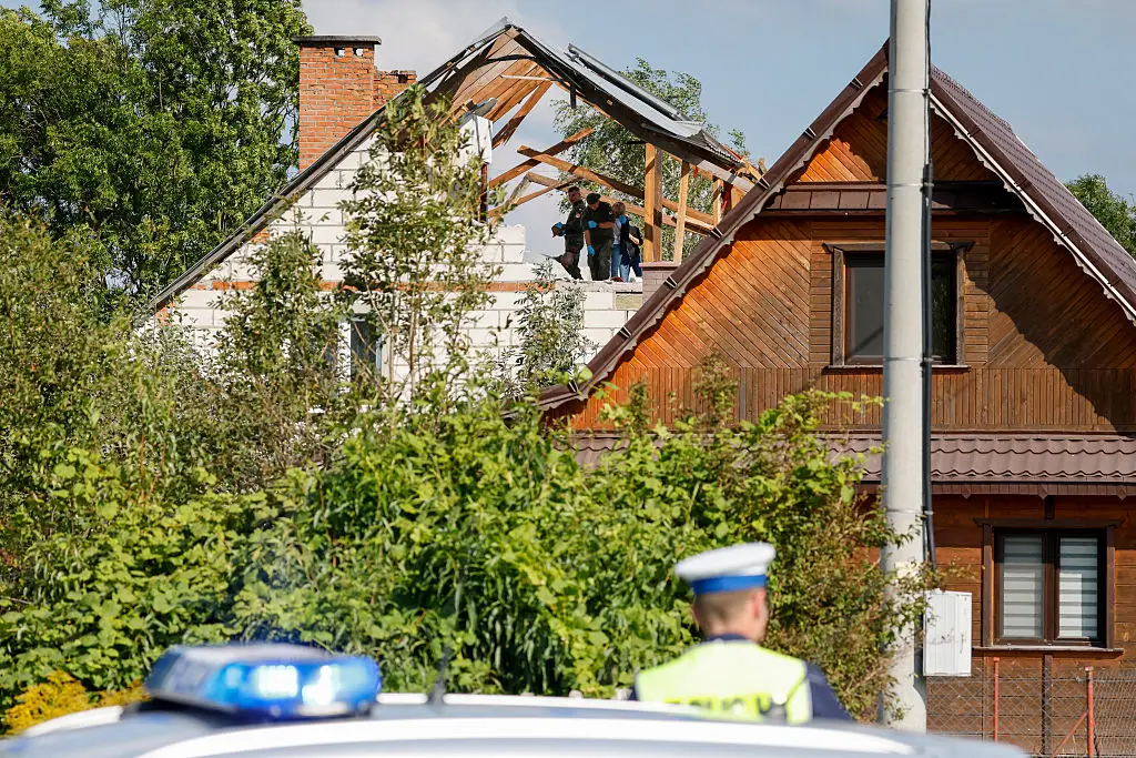 Damage to a house struck by a falling drone in eastern Poland (WOJTEK RADWANSKI/AFP via Getty Images)