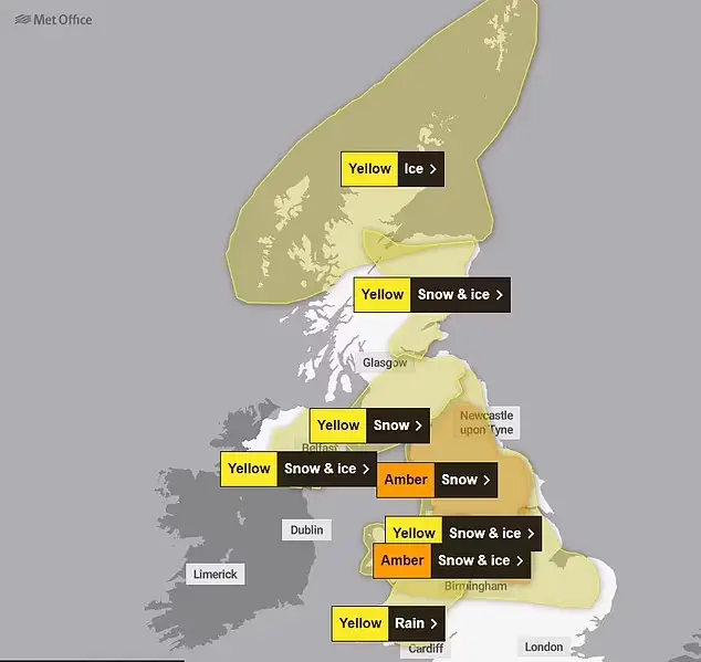 Met Office amber and yellow weather warning forecast for 5 January, 2025 (Met Office)