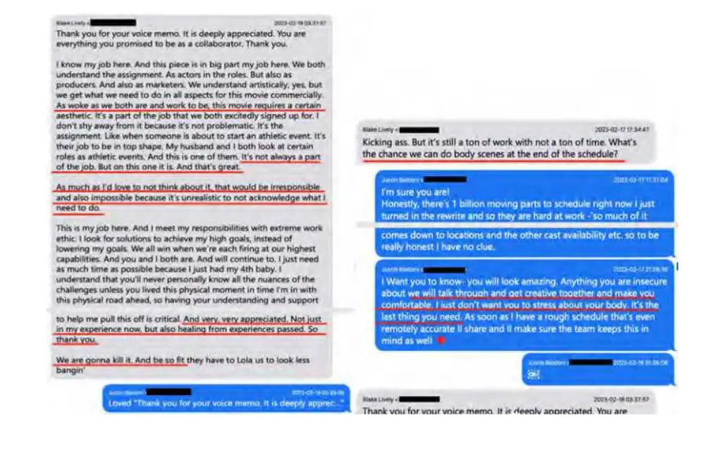 Texts between Baldoni and Lively about 'her body' (Bryan Freedman via TheLawsuitInfo)