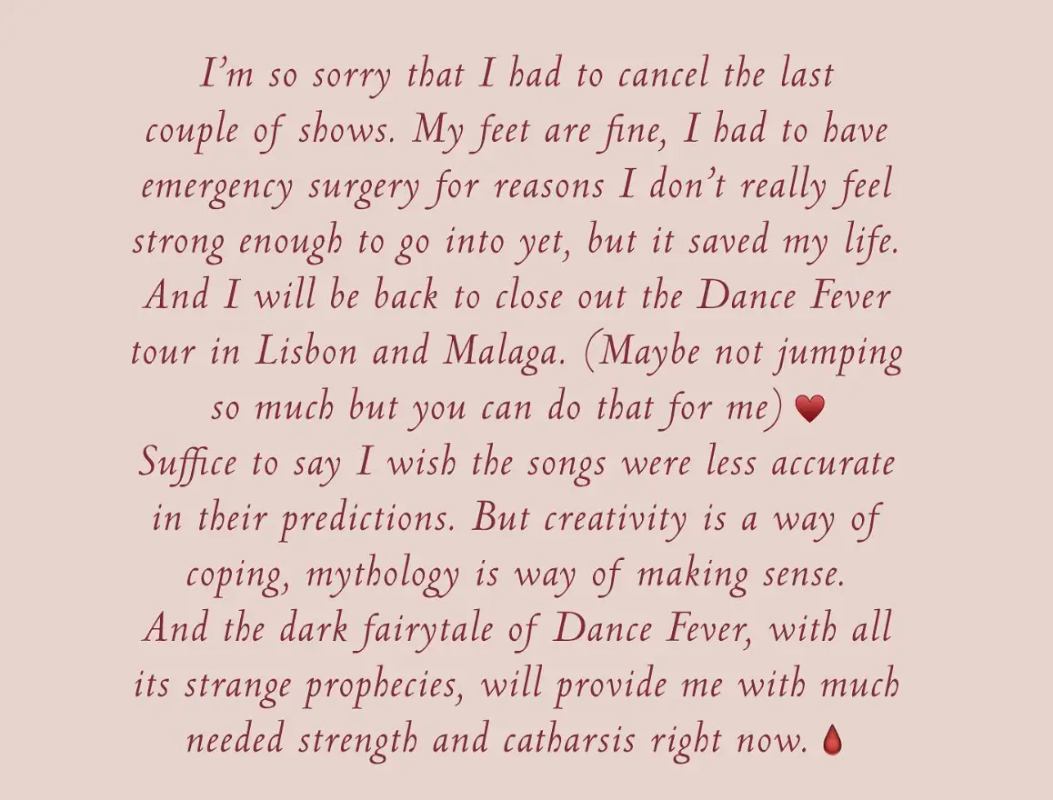 Florence Welch explained why she had to cancel the gigs in Paris and Zurich.