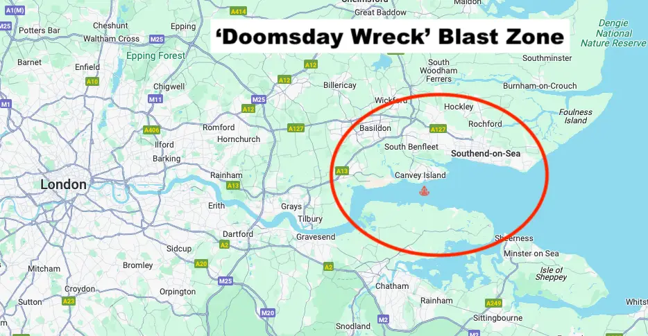 A worst scenario blast zone if the explosives inside the SS Richard Montgomery all blow up (Google Maps/LADbible Group)