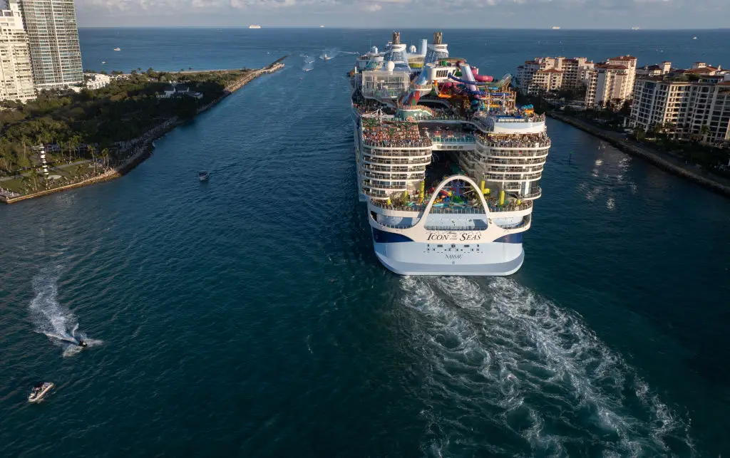 Icon of the Seas, aka the floating city, leaving the Port of Miami. (n to build, has 20 decks, and can hold a maximum of 7,600 people. (Joe Raedle/Getty Images))
