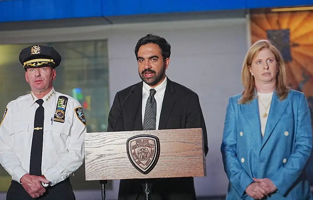 NYPD commissioner Jessica Tisch and NY mayor Zohran Mamdani spoke to press after the stabbings (Selcuk Acar/Anadolu via Getty Images)