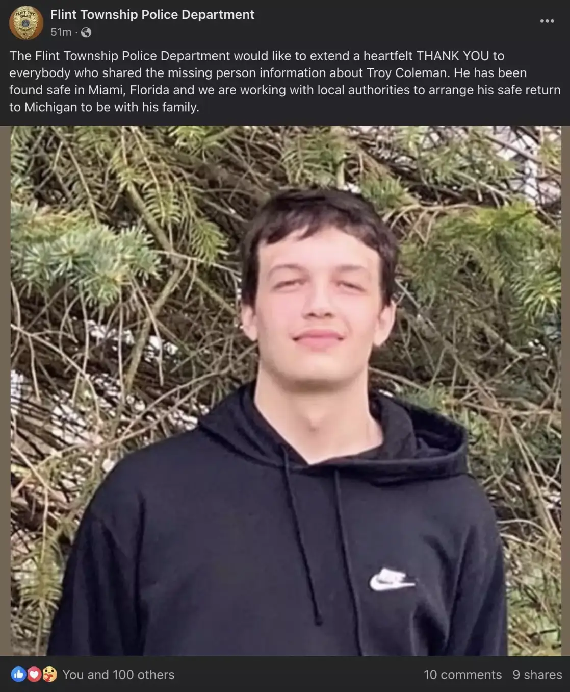 Local police posted about the missing teen. (Flint Township Police Department)