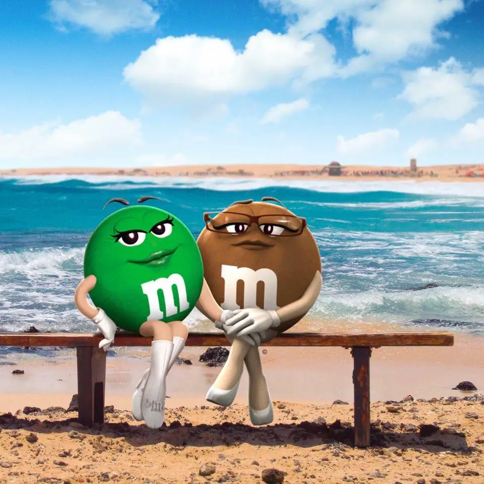 The green M&M used to wear white go-go boots.
