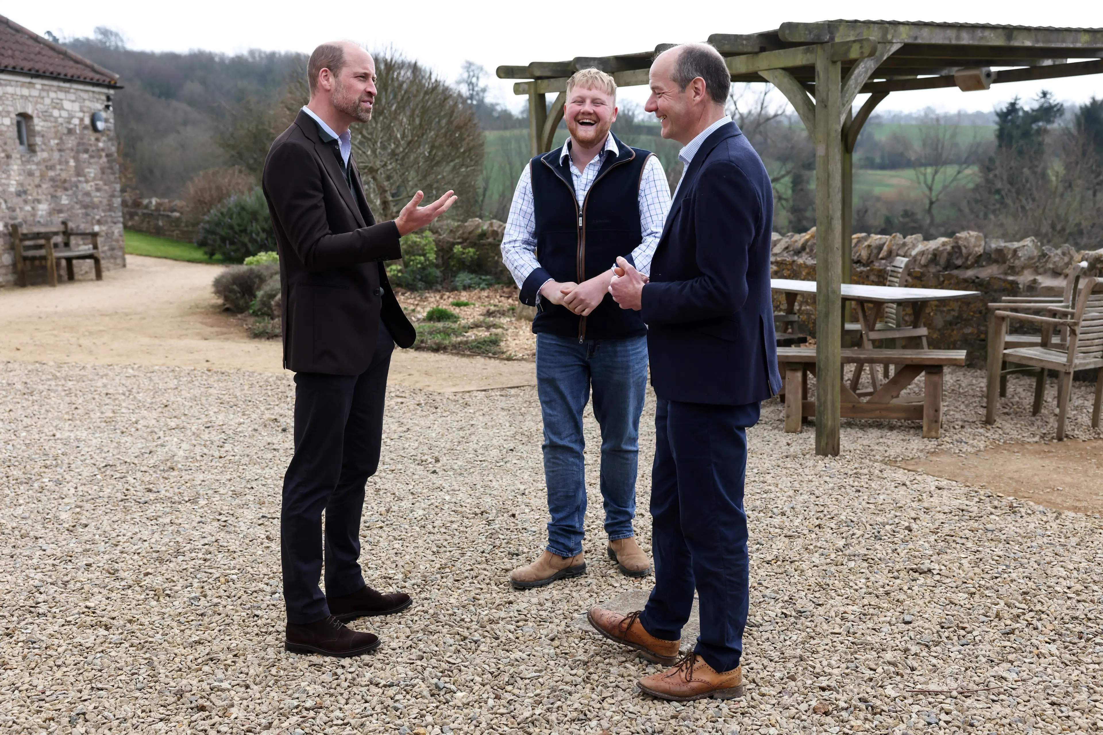 Prince William, Kaleb Cooper and Charlie Ireland on Folly Farm (Darren Staples/PA Wire)