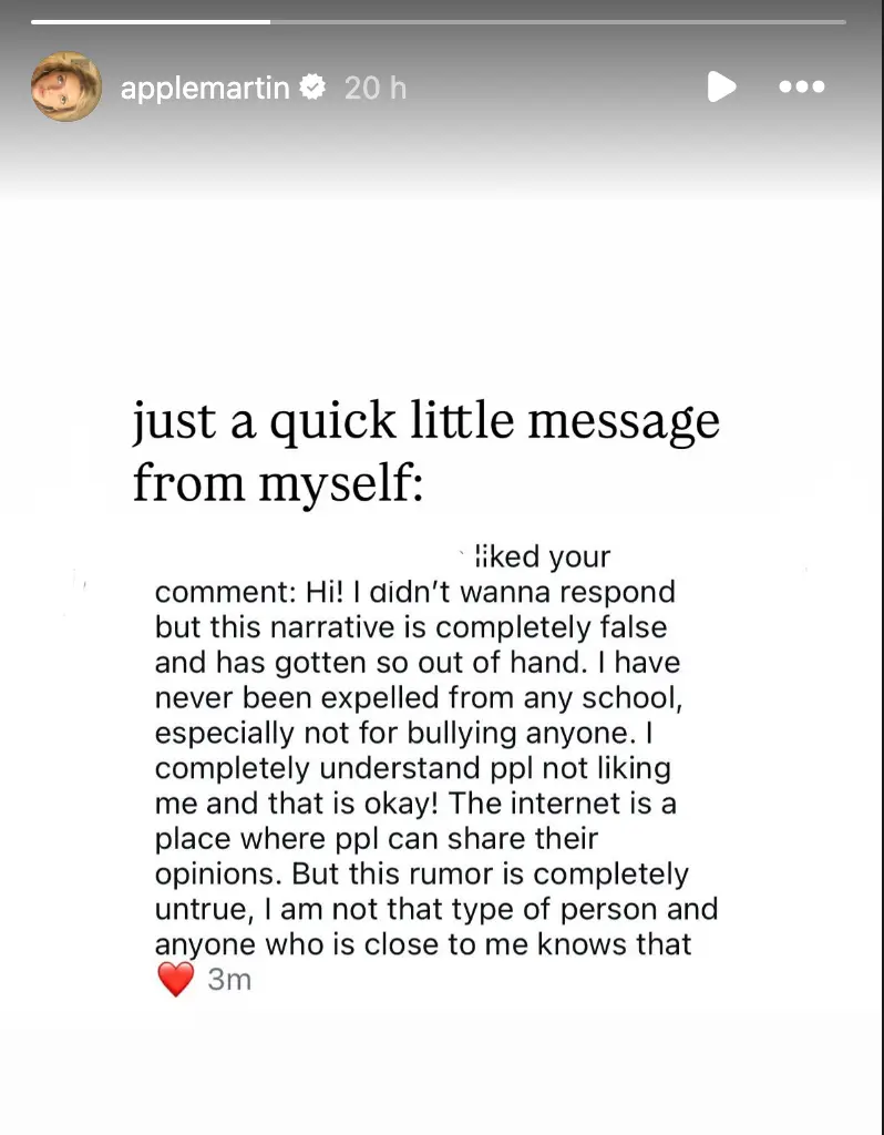 The celebrity offspring addressed the rumours on social media (Instagram/Apple Martin)