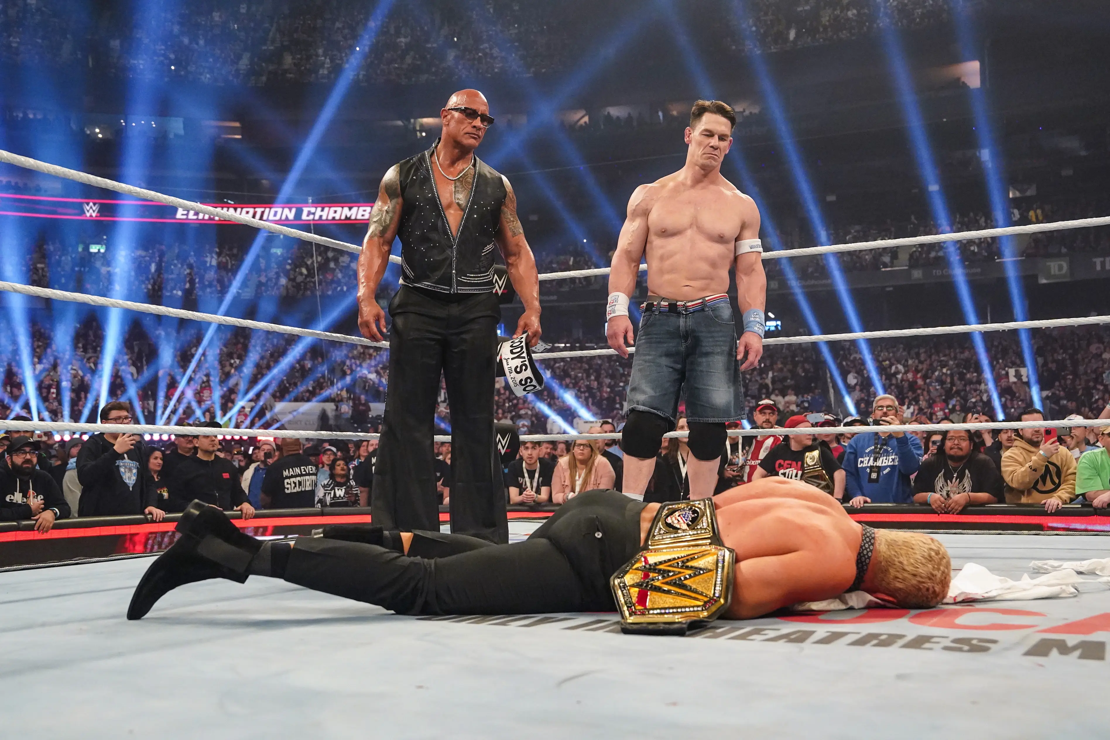 Cena and The Rock standing over Cody Rhodes after the huge heel turn (Rich Freeda/WWE via Getty Images)