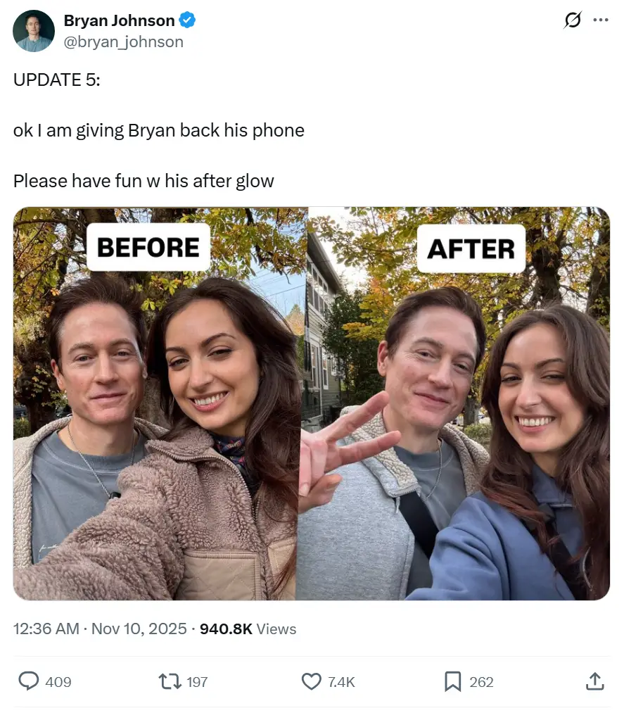 He seems to have enjoyed his experience (X/@bryan_johnson)