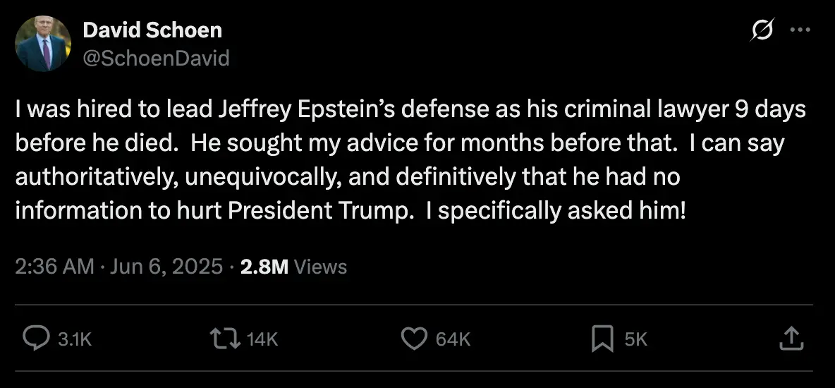 The criminal defence lawyer had represented Jeffrey Epstein before he died (X/@SchoenDavid)