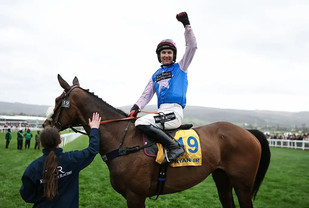 The underdog jockey was on top of the world after winning his event (Harry Murphy/Sportsfile via Getty Images)