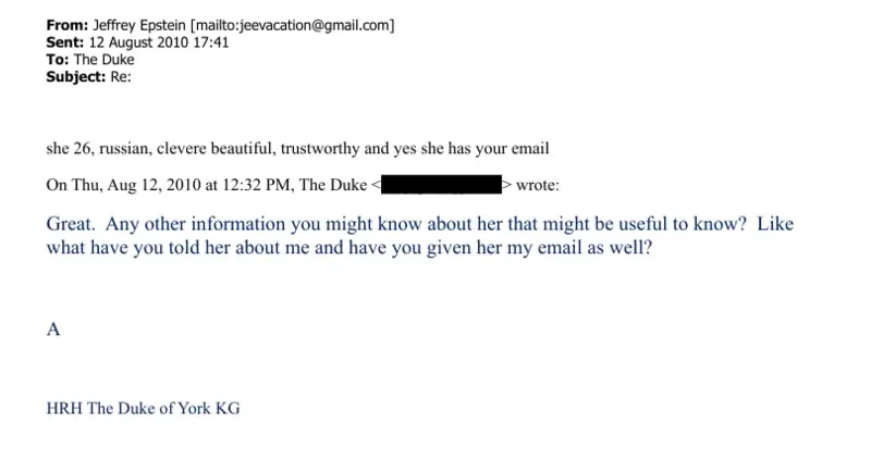The email is replied to by someone calling themselves 'A' whose email signature is 'HRH The Duke of York KG' (DoJ)