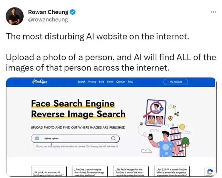 People are trying out the face search engine (X/@rowancheung/PimEyes)