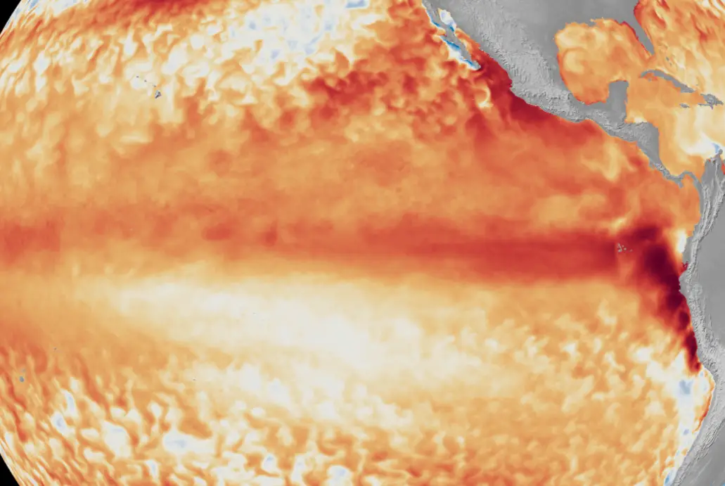 Temperatures in the Pacific Ocean have risen enough for this to be considered an El Nino (NOAA Satellite)